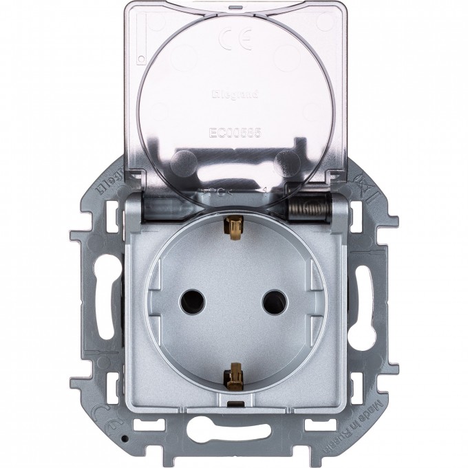 Розетка LEGRAND INSPIRIA 2К+З IP 44 с откидной крышкой и шторками немецкий стандарт 16 А 250 В алюминий 673742